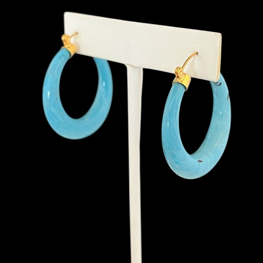 Vintage 1980s Lucite Earrings Hoops Gold Plated Blue Original Stock - 4N